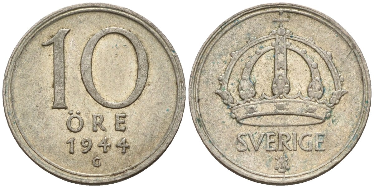 Швеция 10 эре 1944 G, Густав V (1907-1950) KM 813 серебро 4147-844
