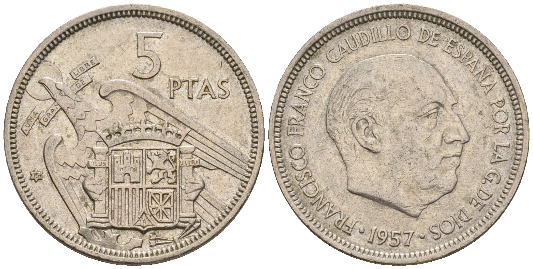 Испания 5 песет 1957 (75) Франциско Франко (1939-1975) KM 786 медно-никель 259-326