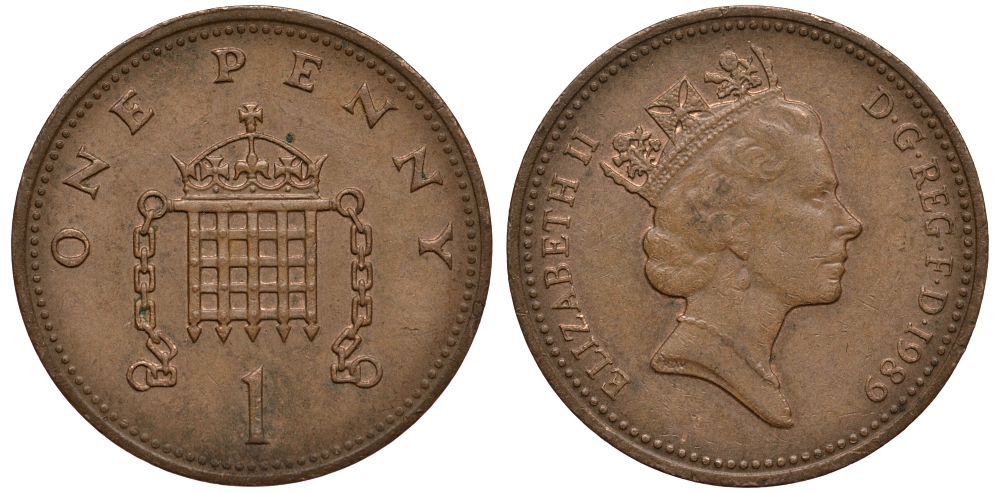 Великобритания 1 пенни 1989 Елизавета II (1952-2022) KM 935, Spink 4381 (B3) бронза 4182-127