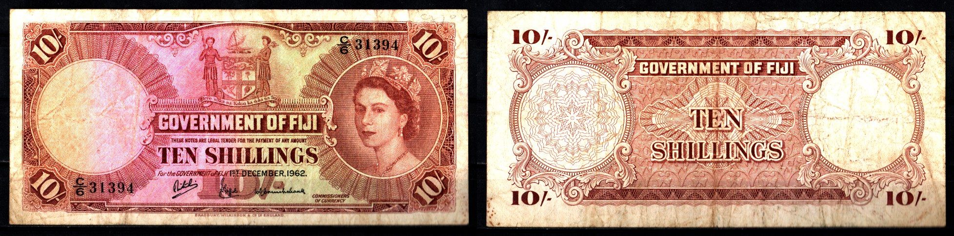 Фиджи 10 шиллингов 1962 Pick 52 c бумага 451-1205-2