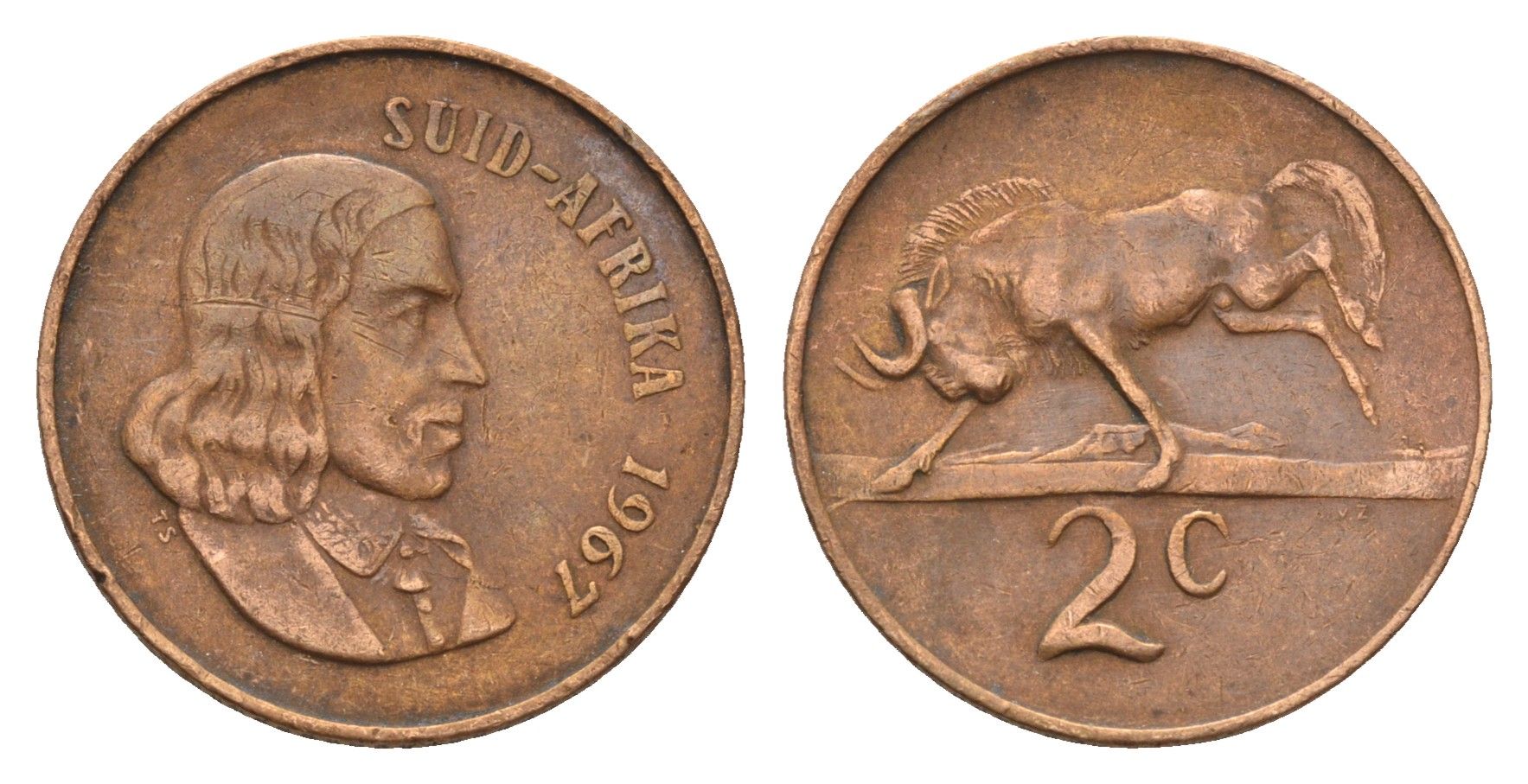 ЮАР 2 цента 1967 Ян ван Рибек (1619-1677), Suid Africa, легенда на африкаанс, антилопа гну KM 66.2 бронза 4122-151