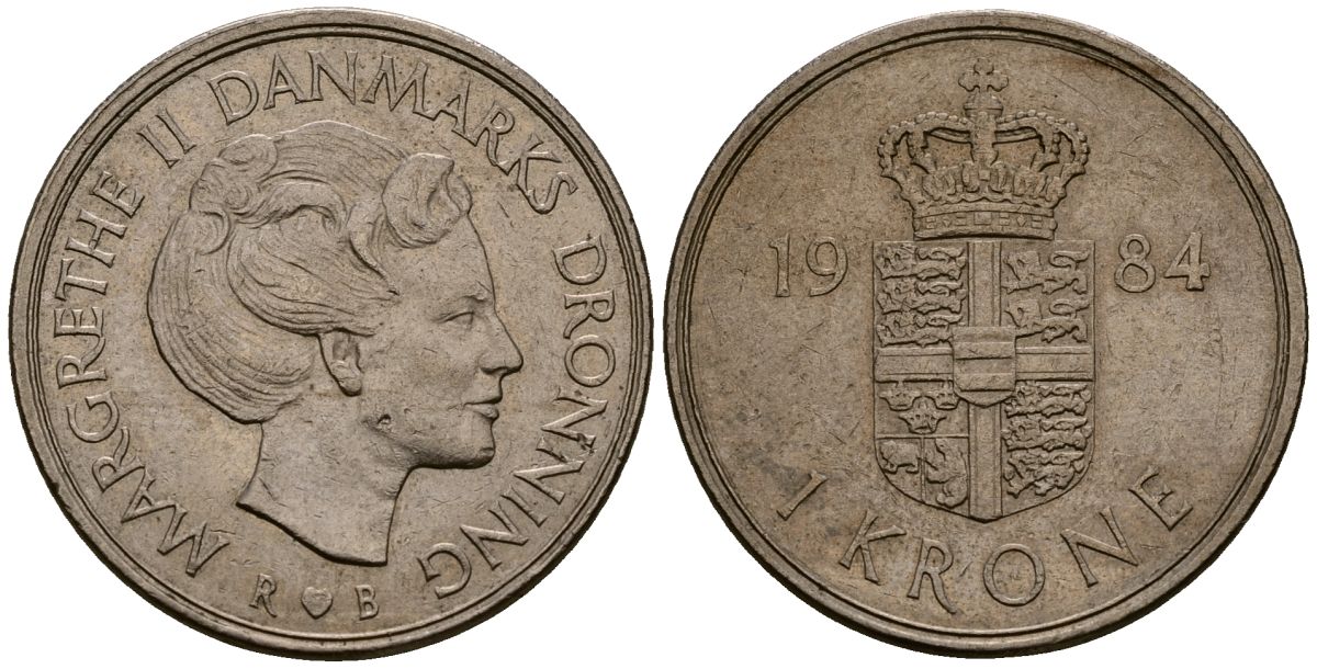 Дания 1 крона 1984 R;B, Маргрете II (1972-) KM 862.3 медно-никель 4176-525