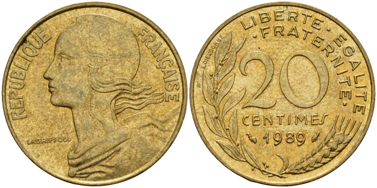 Франция 20 сантимов 1989 тип Marianne KM 930, Le Franc 156.29 медь алюминий никель 4126-637