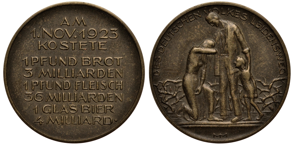 Германия медаль 1923 гиперинфляция, цены на продукты 1 ого ноября в Саксонии, 9,65 гр, 32 мм бронза 413-2813
