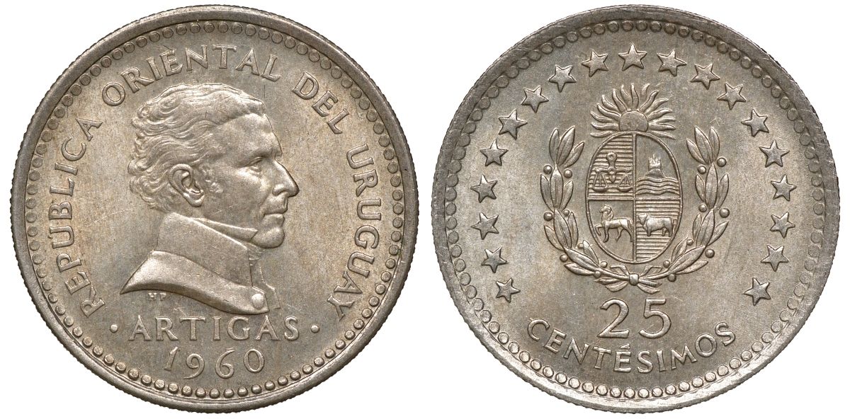 Уругвай 25 сентесимо 1960 KM 40 медно-никель 4169-1033