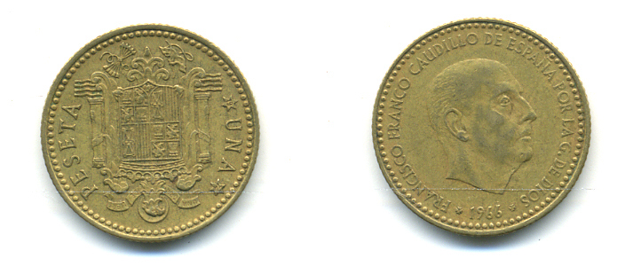 Испания 1 песета 1966 (74) Франсиско Франко (1939-1975) KM 796 алюминиевая бронза 177-112