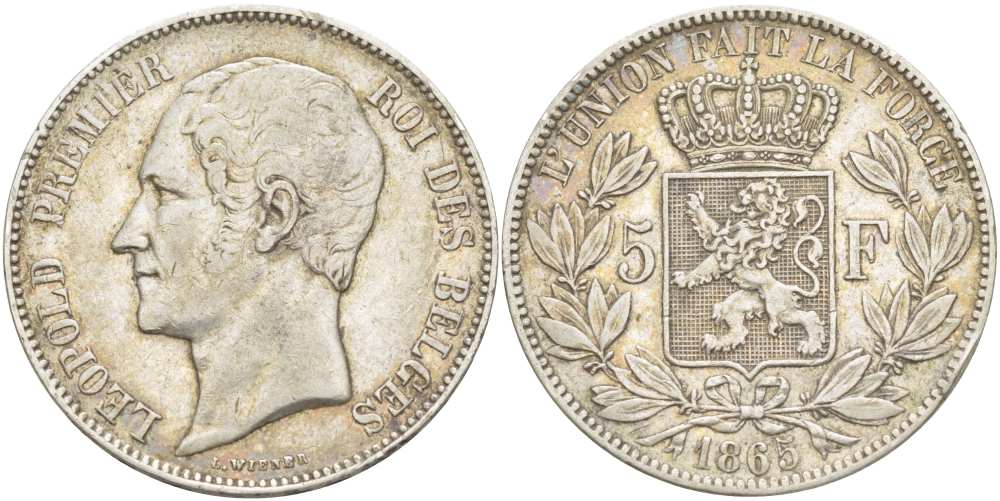 Бельгия 5 франков 1865 Леопольд I (1831-1865) KM 17 серебро 4184-611