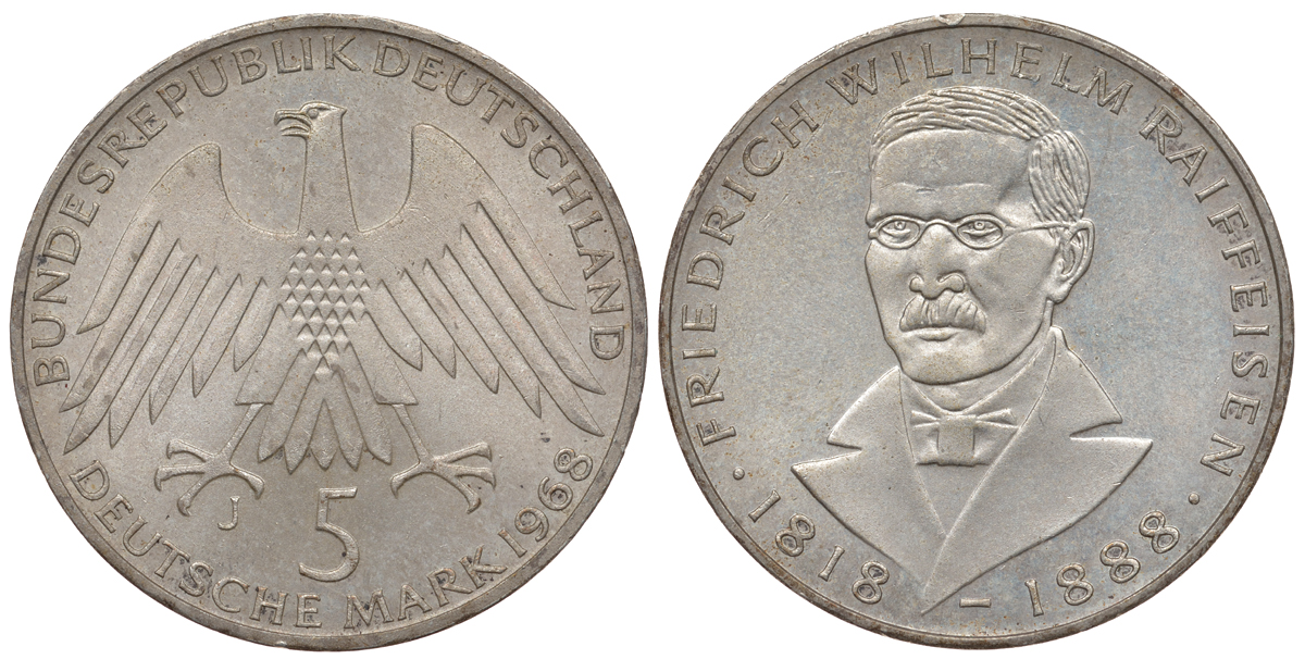 ФРГ 5 марок 1968 J, 150 лет со дня рождения Фридриха Вильгельма Райффайзена J. 396, KM 121 серебро 413-6734