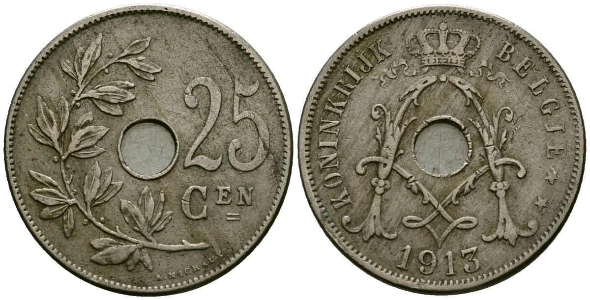 Бельгия 25 сантимов 1913 Belgie KM 69 медно-никель 4165-734