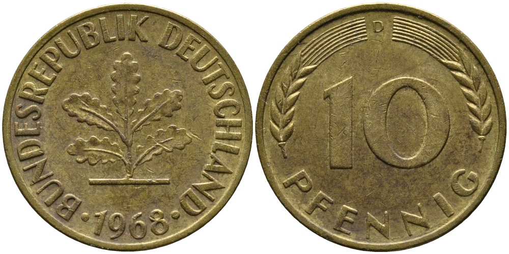 ФРГ 10 ПФЕННИГОВ 1968 D KM 108, J.383 сталь плакированная латунью 98-424