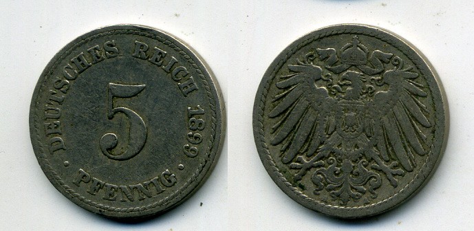ГЕРМАНИЯ 5 ПФЕННИГОВ 1899 A, KM 11, J. 12 медно-никель 58-511