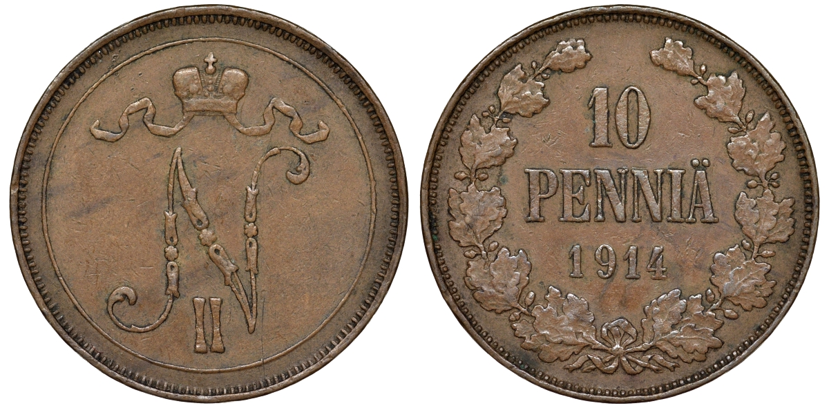 Россия для Финляндии 10 пенни 1914 Николай II (1894-1917) Биткин 437 медь 51-1325