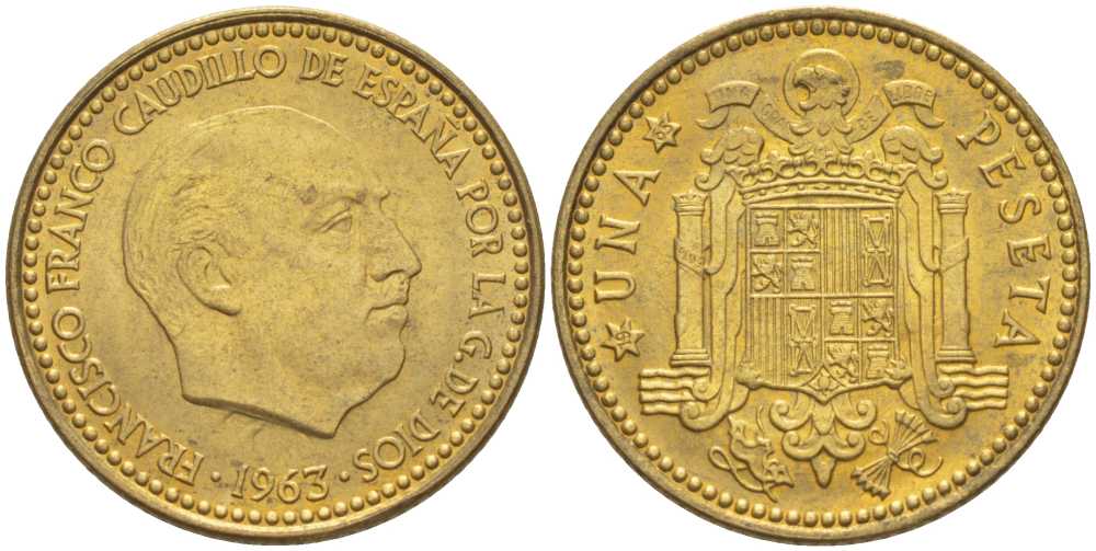 Испания 1 песета 1963 (65) ФРАНЦИСКО ФРАНКО ДИКТАТОР ИСПАНИИ (1939-1975) KM 775 алюминиевая бронза аUNC 220-147