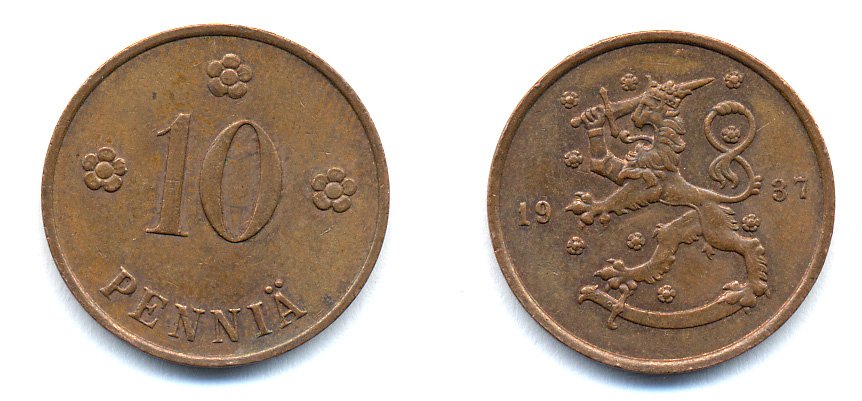 Финляндия 10 пенни 1937 KM 24 медь 51-5634