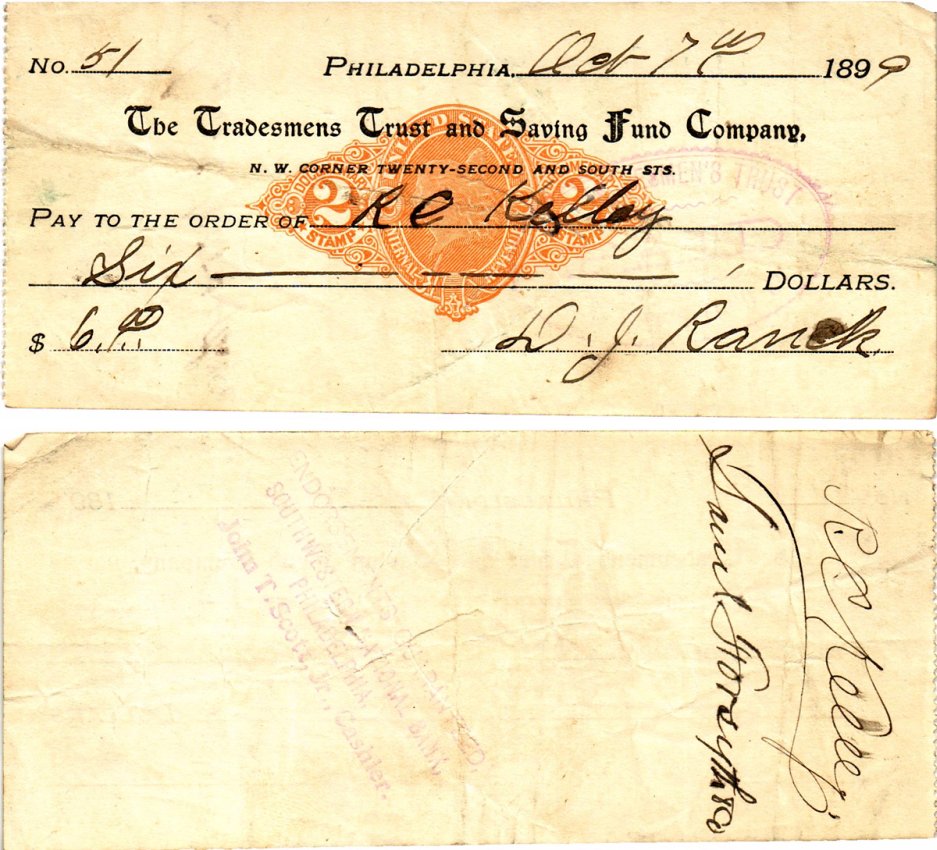 США чек на 6 долларов 1899 Филадельфия бумага 2196-29-2-2