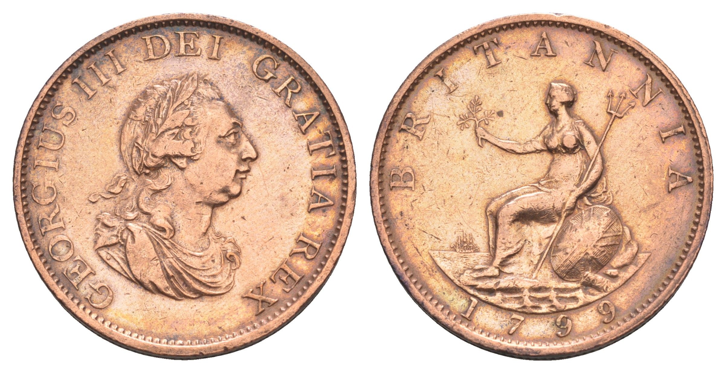 Великобритания 1/2 пенни 1799 Георг III (1760-1820) KM 647, Spink 3778 медь 3711-841