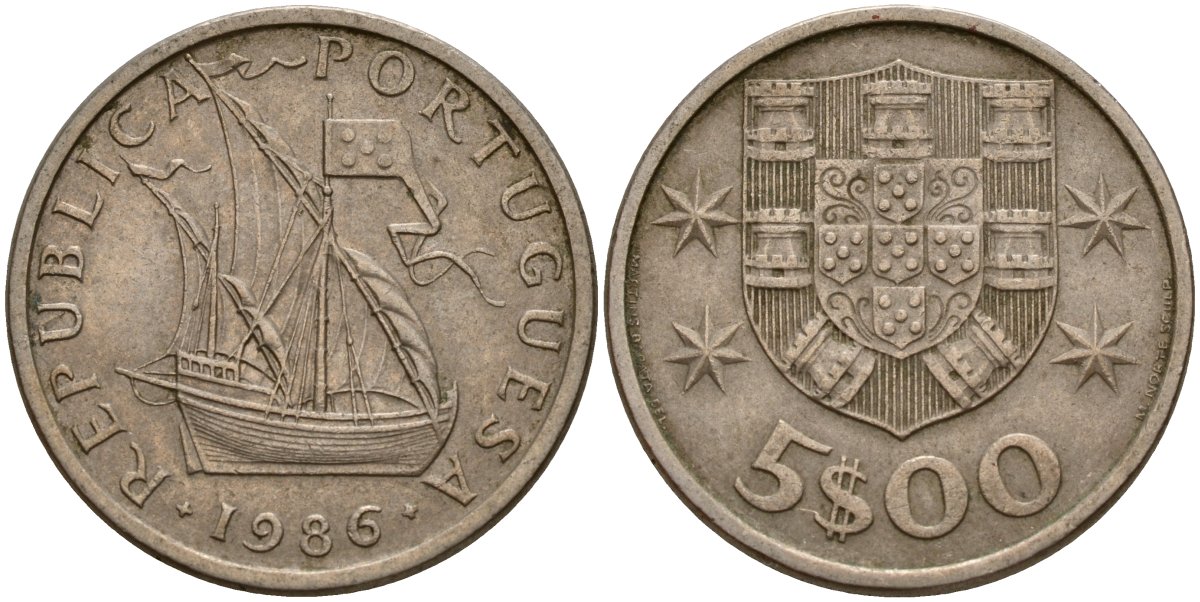 Португалия 5 эскудо 1986 KM 591 медно-никель 4156-557