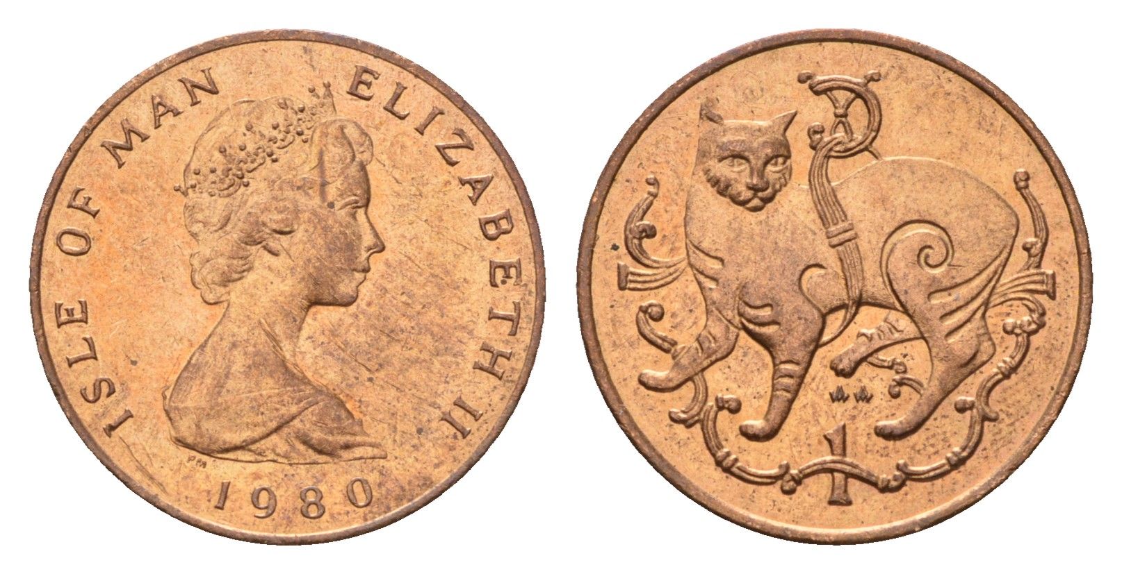 Остров Мэн 1 пенни 1980 Елизавета II (1952-2022) KM 59 бронза UNC 4655-336
