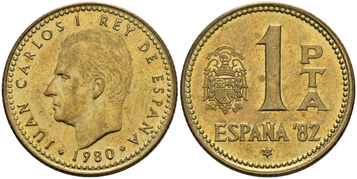 Испания 1 песета 1980 (82) чемпионат мира по футболу 1982 года в Испании, Хуан Карлос I (1975 - 2014) KM 816 алюминиевая бронза 4604-313