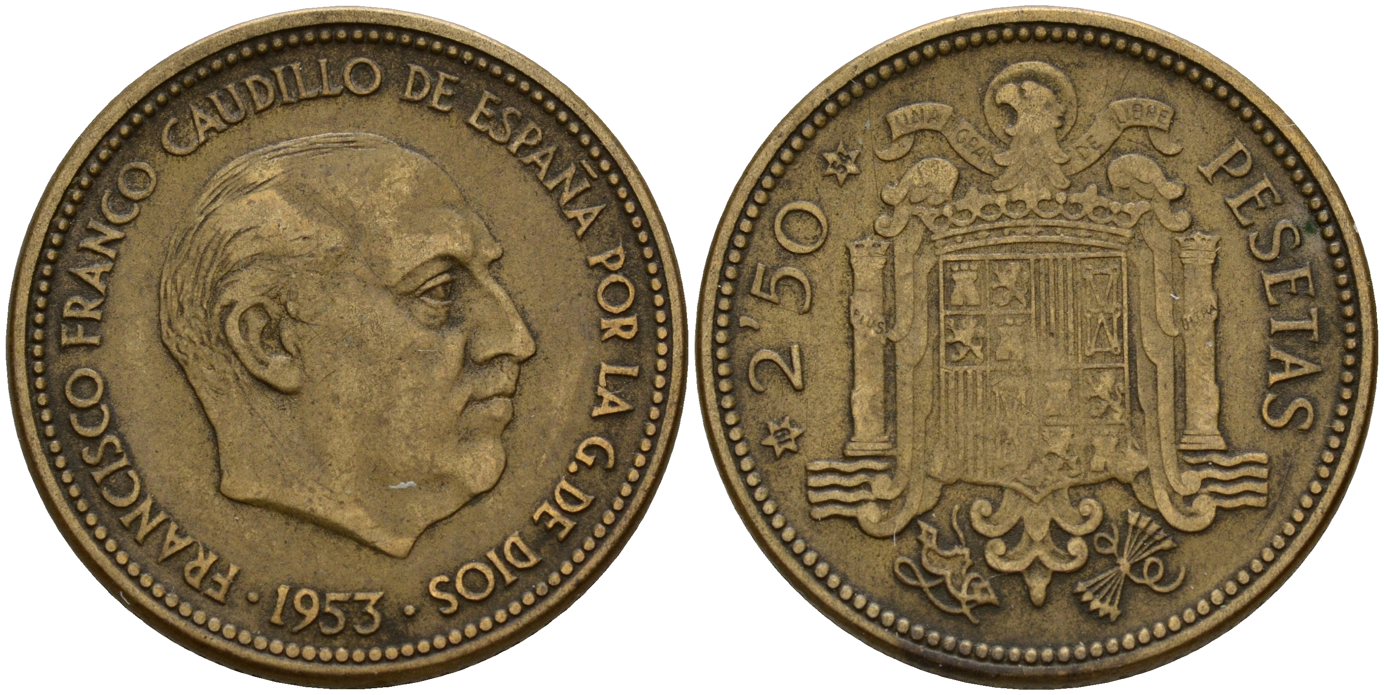 Испания 2 1/2 песеты 1953 (54) Франсиско Франко (1939-1975) KM 785 алюминиевая бронза    4597-133