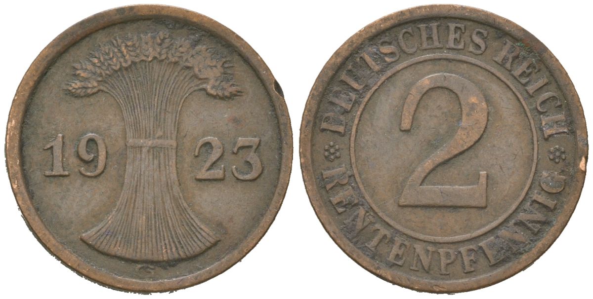 Германия 2 рентенпфеннига 1923 G, Вильгельм II (1888-1918) KM 31, J. 307 бронза 4615-723