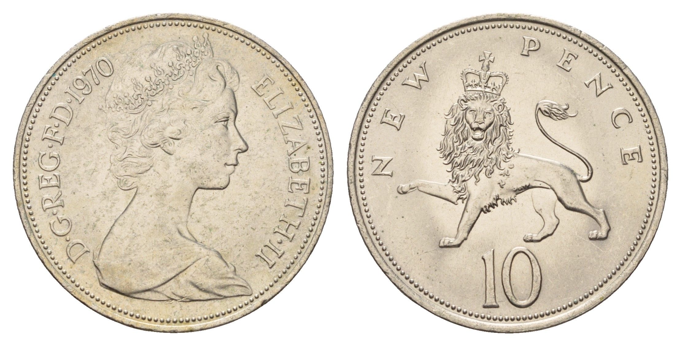 Великобритания 10 новых пенсов 1970 Елизавета II (1952-2022) KM 912, Spink 4231 (F1) медно-никель 4140-423