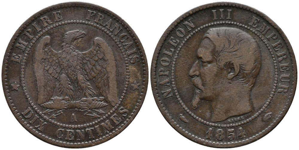 ФРАНЦИЯ 10 САНТИМОВ 1854 А, НАПОЛЕОН III (1852-1870) KM 771.1 бронза 32-932
