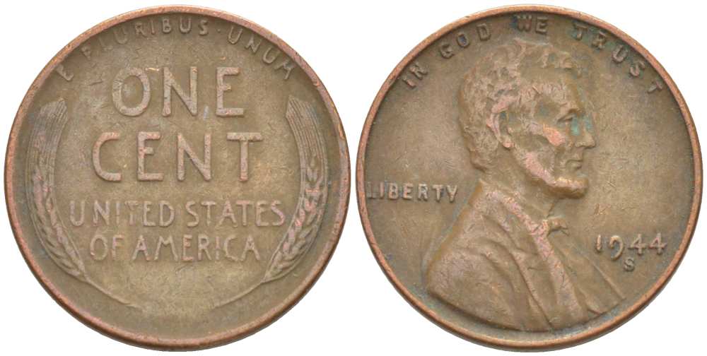 США 1 ЦЕНТ 1944 S, ЛИНКОЛЬН KM А132 медь цинк 218-146