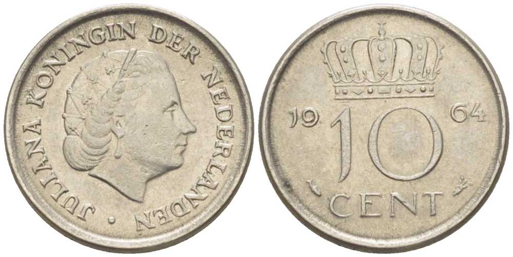 НИДЕРЛАНДЫ 10 ЦЕНТОВ 1964 ЮЛИАНА (1948-1980) KM 182 никель 214-1169