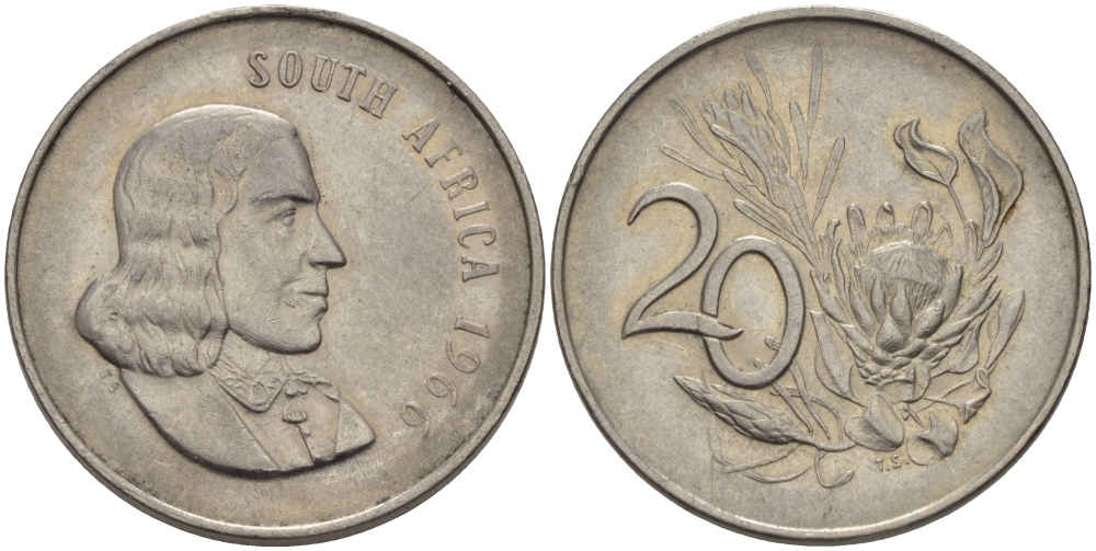 ЮАР 20 ЦЕНТОВ 1966 SOUTH, ЯН ВАН РИБЕК (1619-1677), ГОЛАНДСКИЙ ИССЛЕДОВАТЕЛЬ , МОРЕПЛАВАТЕЛЬ, ОСНОВАТЕЛЬ Г. КЕЙПТАУНА, ЦВЕТОК ПРОТЕЯ, АНГЛИЙСКАЯ ЛЕГЕНДА KM 69.1 никель 67-434