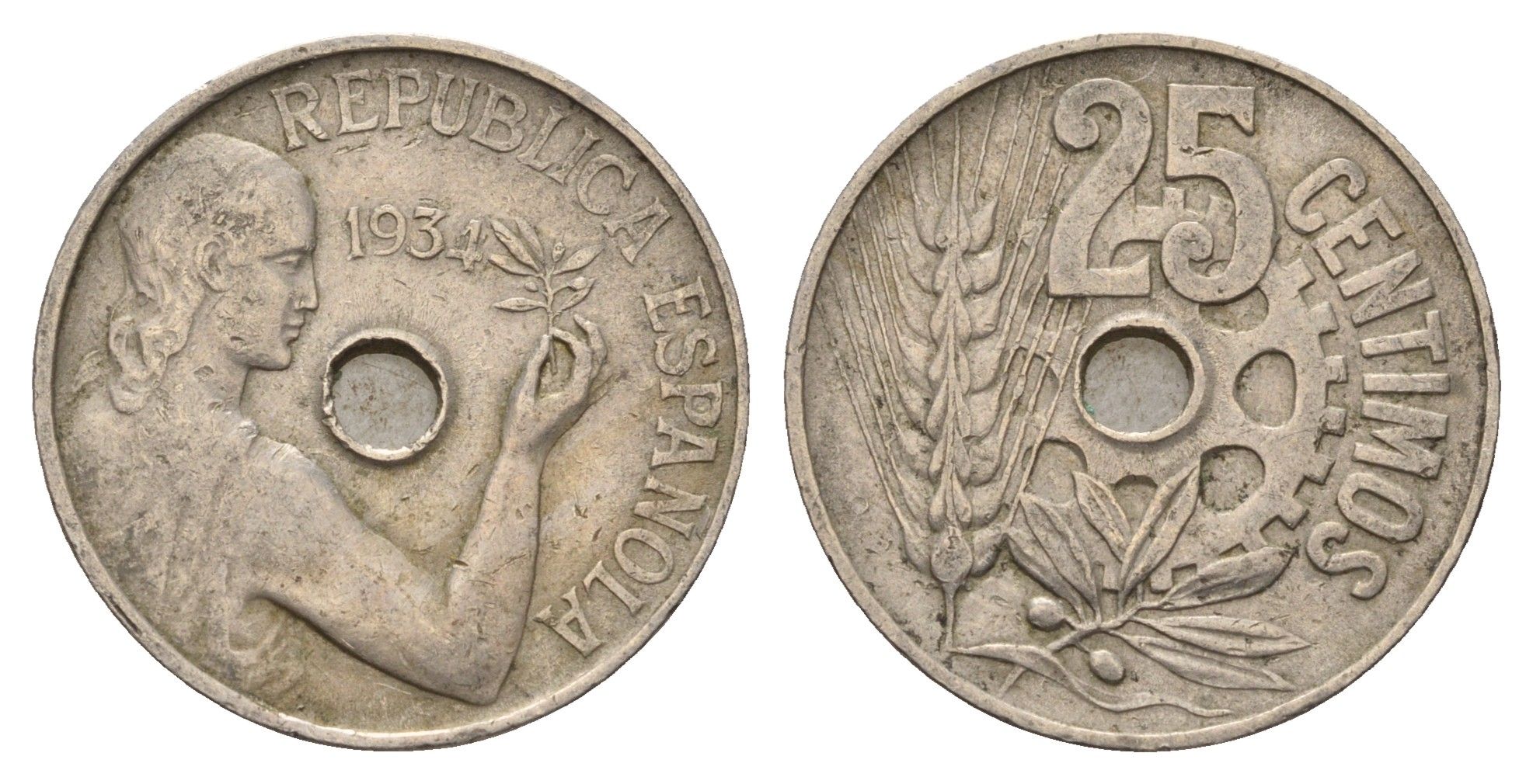 Испания 25 сентимо 1934 KM 751 медно-никель 4657-847
