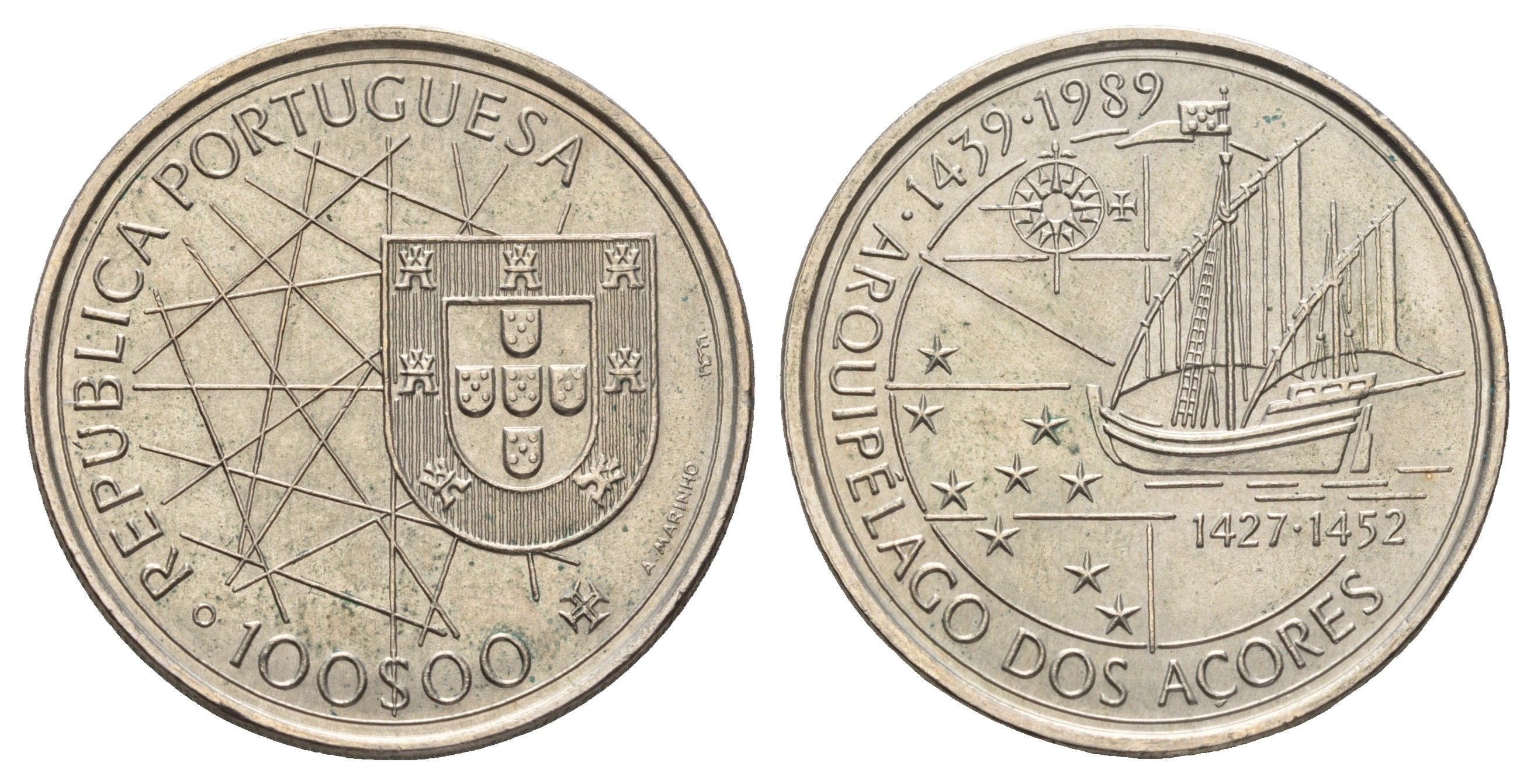 Португалия 100 эскудо 1989 Золотой век открытий - Открытие Азорских островов KM 648 медно-никель UNC 63-1244
