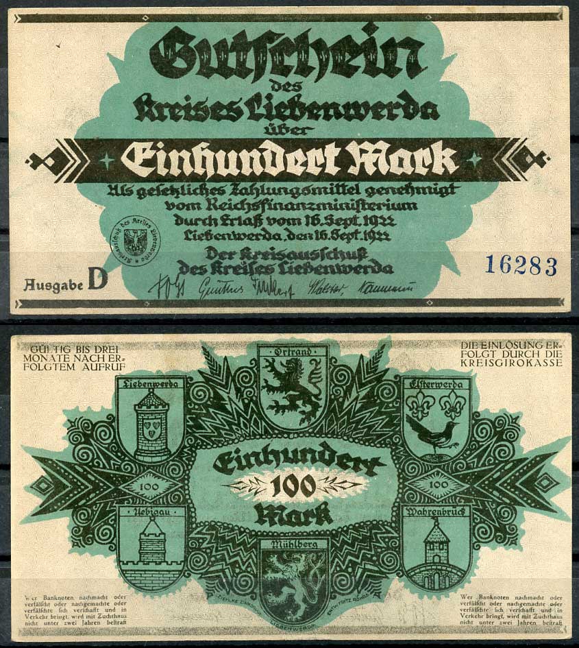 Германия, Либенверда 100 марок 1922 нотгельд, 16.09.1922, серия D M. 2720.3 бумага UNC (пресс) 00-00