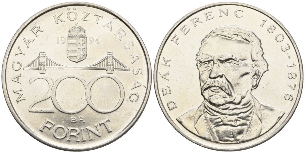 Венгрия 200 форинтов 1994 Ференц Деак KM 707 серебро UNC 87-1034
