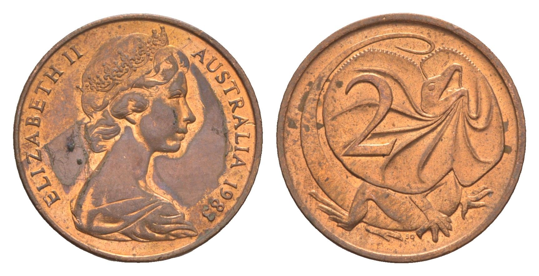 Австралия 2 цента 1983 Елизавета II (1952-2022), плащеносная ящерица KM 63 бронза aUNC 4580-1241