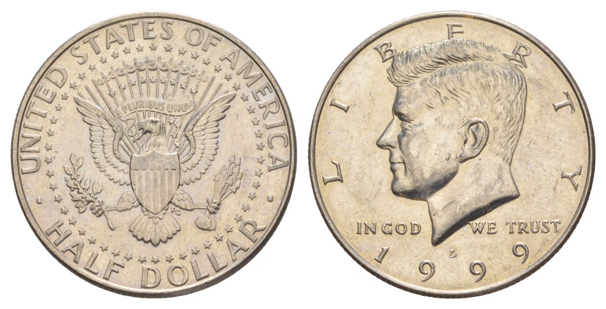 США 1/2 доллара (50 центов) 1999 D, Джон Кеннеди KM A202b медь плакированная медно-никелем aUNC 4512-1223