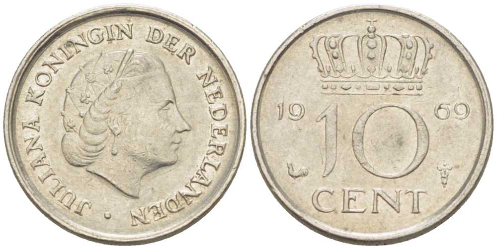 Нидерланды 10 центов 1969 Юлиана (1948-1980) KM 182 никель 214-1235