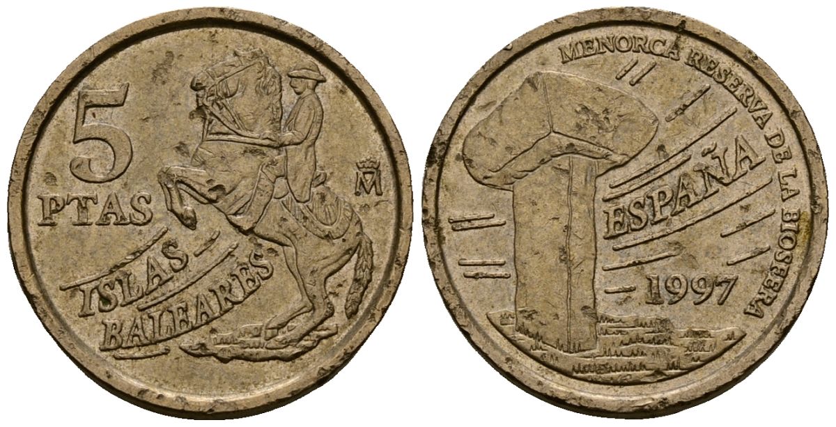 Испания 5 песет 1997 Хуан Карлос I (1975-2014), Балеарские острова, всадник KM 981 алюминиевая бронза 4173-712