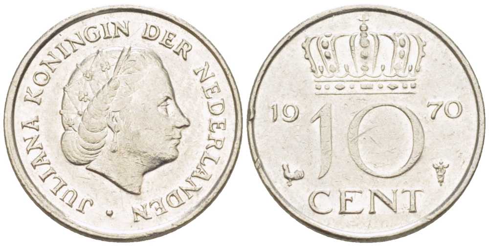 Нидерланды 10 центов 1970 Юлиана (1948-1980) KM 182 никель 214-1248