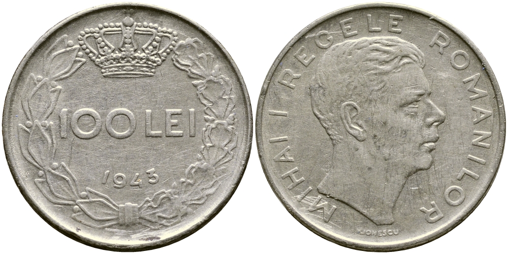 Румыния 100 леев 1943 Михай I (1940-1947) KM 64 сталь плакированная никелем 4388-424