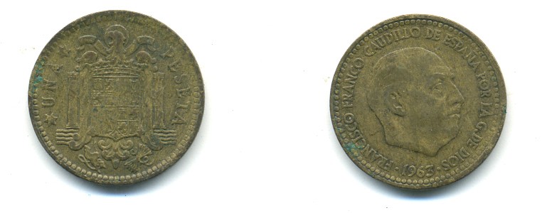 ИСПАНИЯ 1 ПЕСЕТА 1963 (65) ФРАНСИСКО ФРАНКО ДИКТАТОР ИСПАНИИ (1939-1975) KM 775 алюминиевая бронза 80-1113