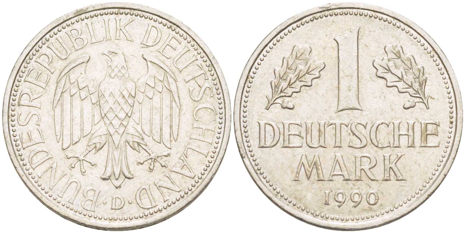 ФРГ 1 МАРКА 1990 D KM 110, J. 385 медно-никель 117-752