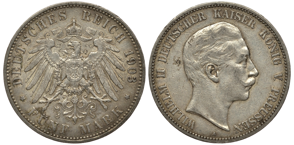 Пруссия 5 марок 1903 Вильгельм II (1888-1918) KM 523, J.104 серебро    413-4725