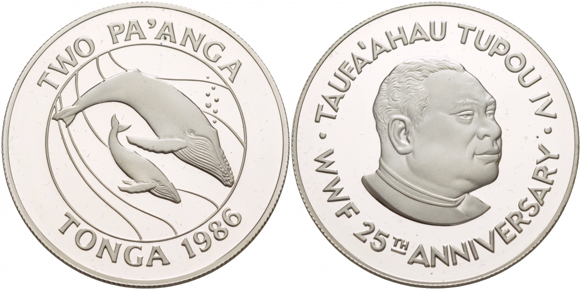 Тонга 2 паанга 1986 серия 25 лет защиты окружающей среды, кит кашалот KM 121 серебро PROOF 1066-3-22