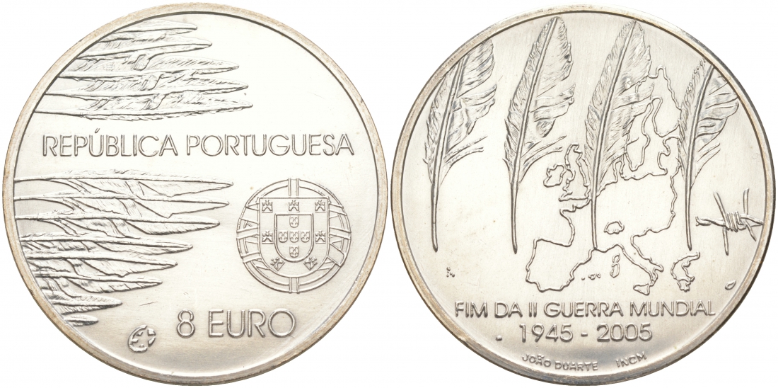 Португалия 8 евро 2005 60 лет окончания 2-ой мировой войне KM 773 серебро UNC 00-00