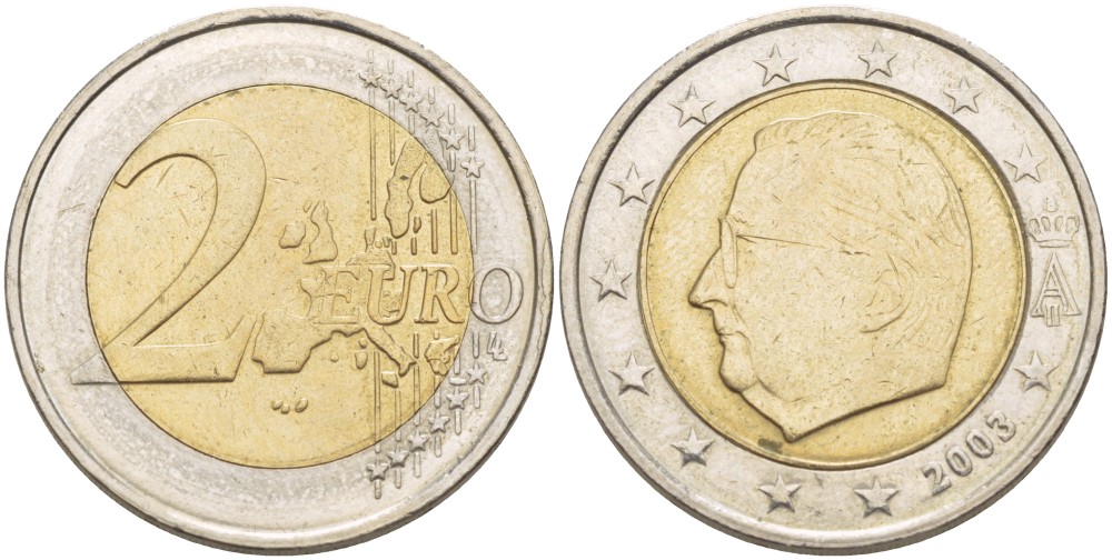 БЕЛЬГИЯ 2 ЕВРО 2003 АЛЬБЕРТ II KM 231 биметалл 4543-345