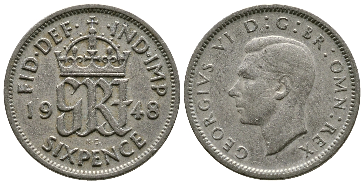 Великобритания 6 пенсов 1948 Георг VI (1936-1952) KM 862, Spink 4105 медно-никель 51-1013