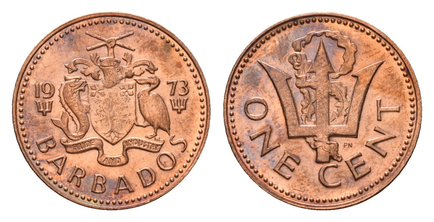 Барбадос 1 цент 1973 сломанный трезубец Британии KM 10 бронза UNC 4643-622