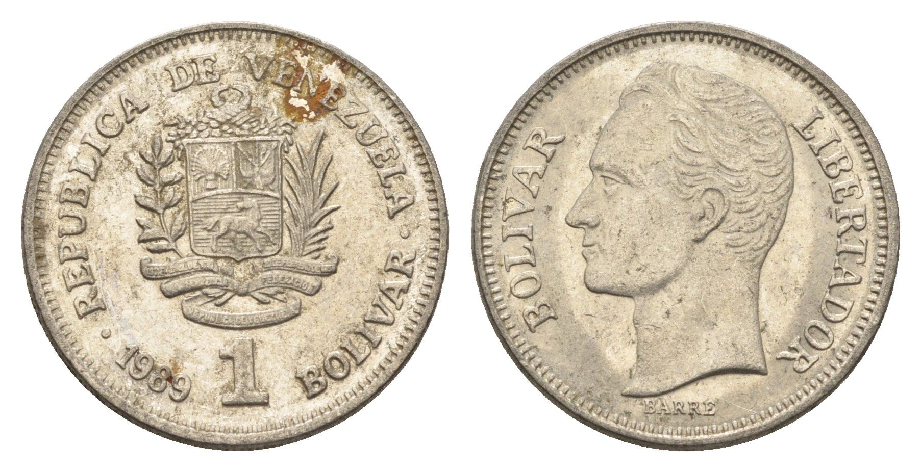 Венесуэла 1 боливар 1989 Симон Боливар, тонкий шрифт Y 52a.1 сталь плакированная никелем 4662-853