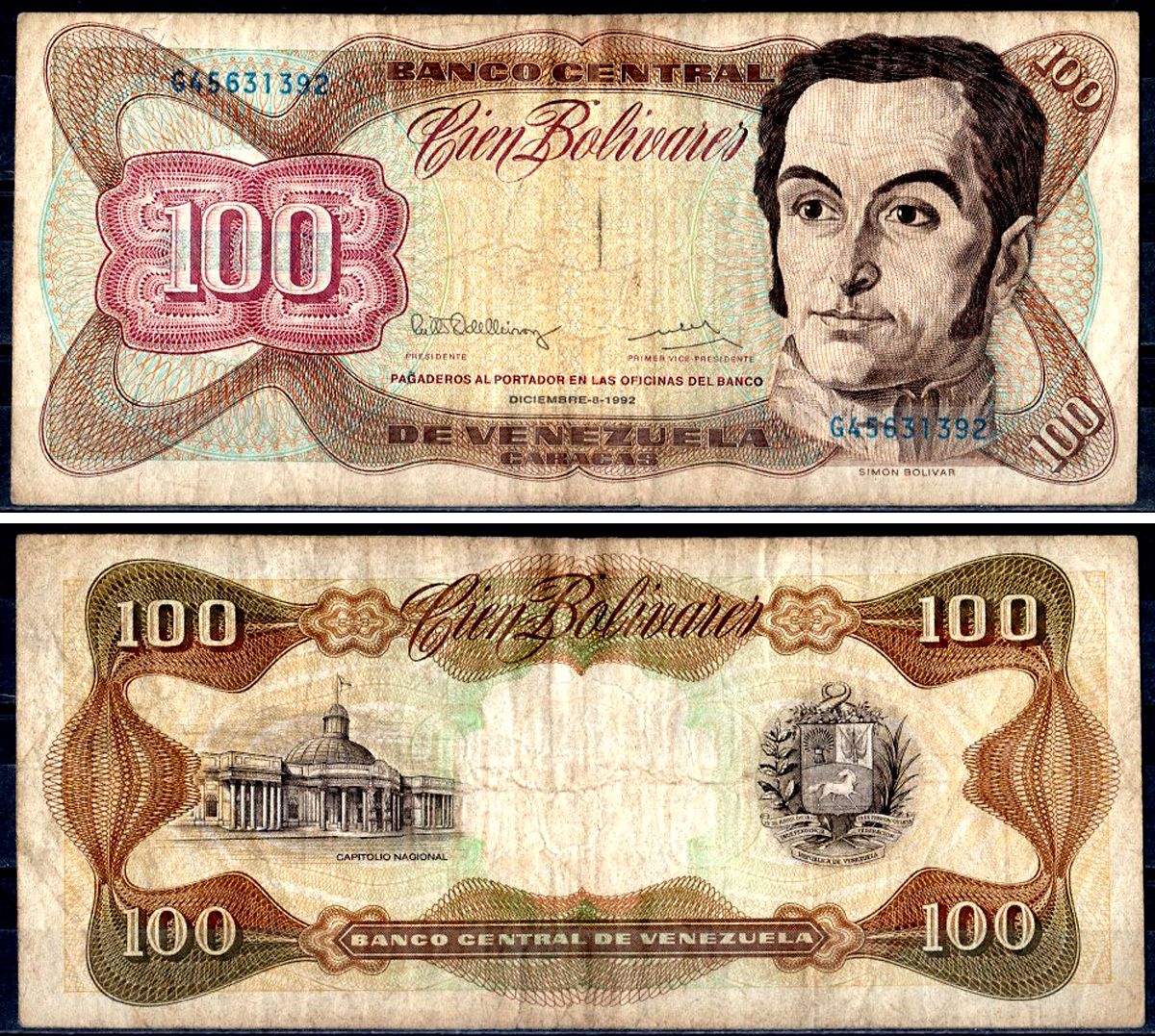 Венесуэла 100 боливаров 1992 Pick 66 e бумага 6317-14-4-1